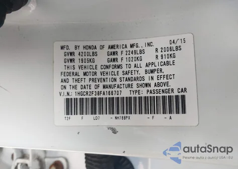 2015 Honda Accord Lx from USA, damaged, VIN 1HGCR2F38FA166707